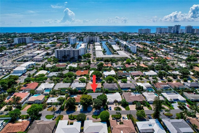 aerial view featuring a water view