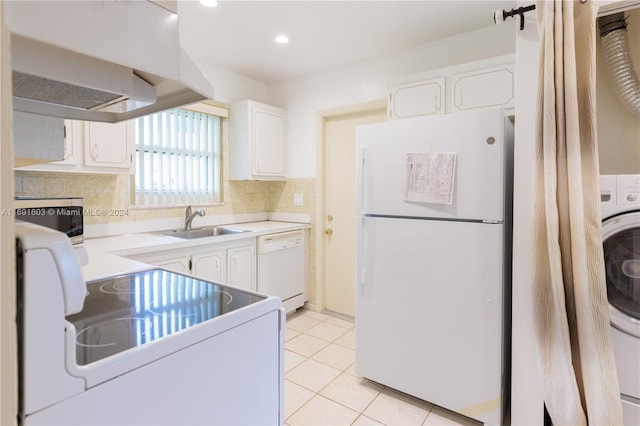 kitchen featuring white cabinets, island range hood, and white appliances