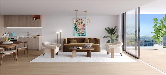 living room featuring light hardwood / wood-style flooring, expansive windows, and an inviting chandelier