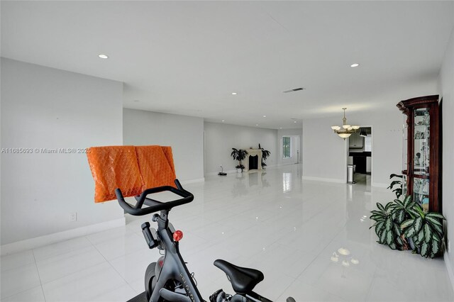 8925 SW 11th St, Miami, FL 33174 - workout room with a chandelier, tile patterned floors, recessed lighting, and baseboards