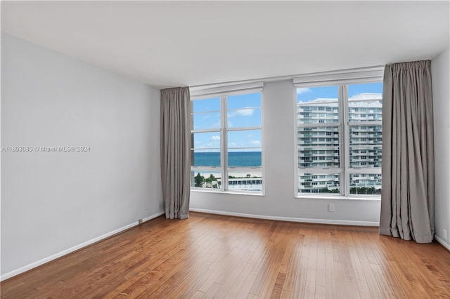 unfurnished room featuring plenty of natural light, a water view, and light hardwood / wood-style flooring