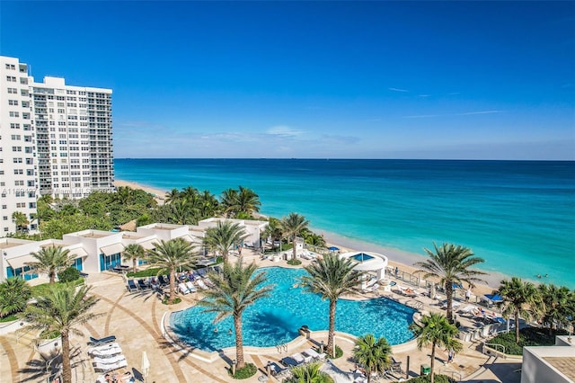 view of water feature with a beach view