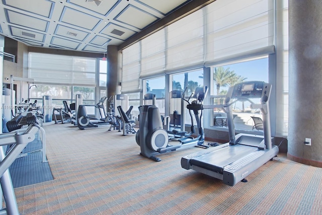 workout area with carpet flooring and a high ceiling