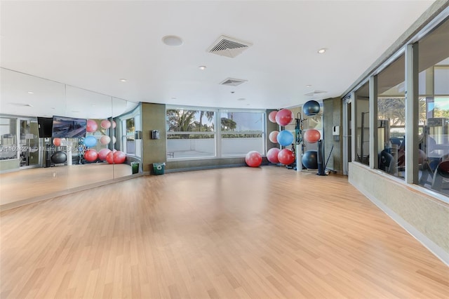 exercise room featuring plenty of natural light, expansive windows, and light wood-type flooring