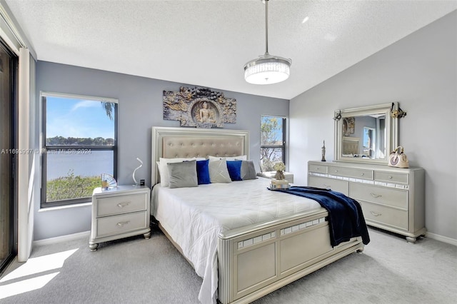 carpeted bedroom featuring lofted ceiling and a textured ceiling