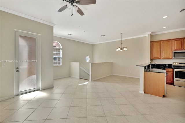 kitchen with stainless steel appliances, crown molding, sink, pendant lighting, and light tile patterned flooring