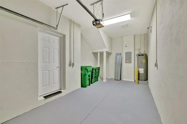 garage with electric water heater, electric panel, and a garage door opener