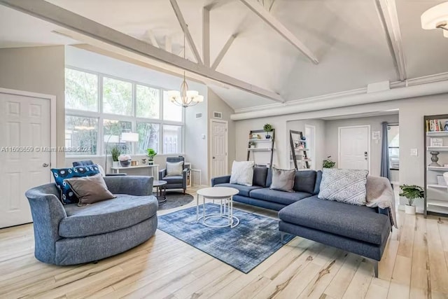 living room with beam ceiling, high vaulted ceiling, light hardwood / wood-style floors, and a notable chandelier