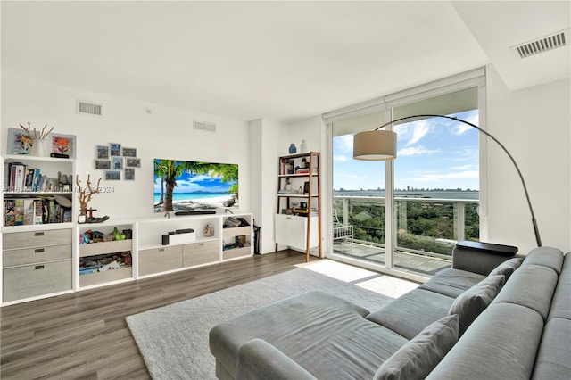 living room with dark hardwood / wood-style floors