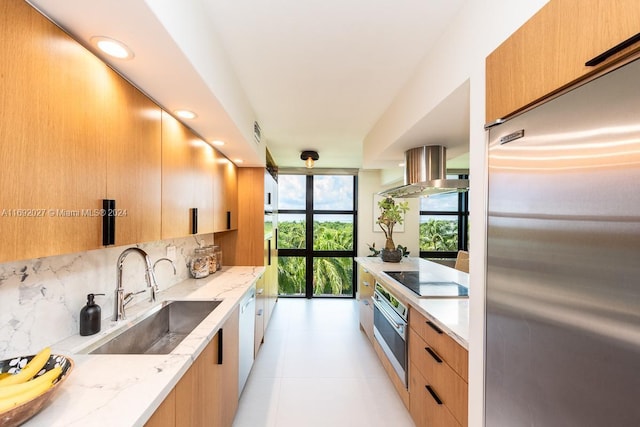 kitchen featuring sink, stainless steel appliances, wall chimney range hood, tasteful backsplash, and light stone counters