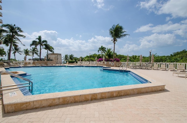 view of swimming pool featuring a patio