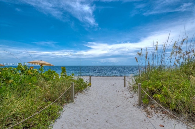 property view of water featuring a beach view