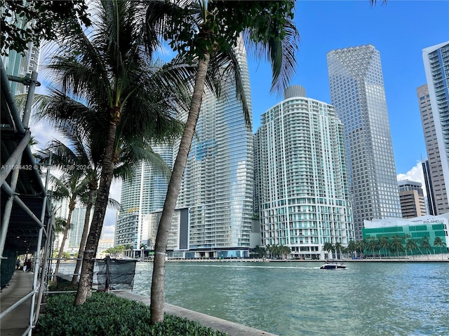 view of building exterior with a water view