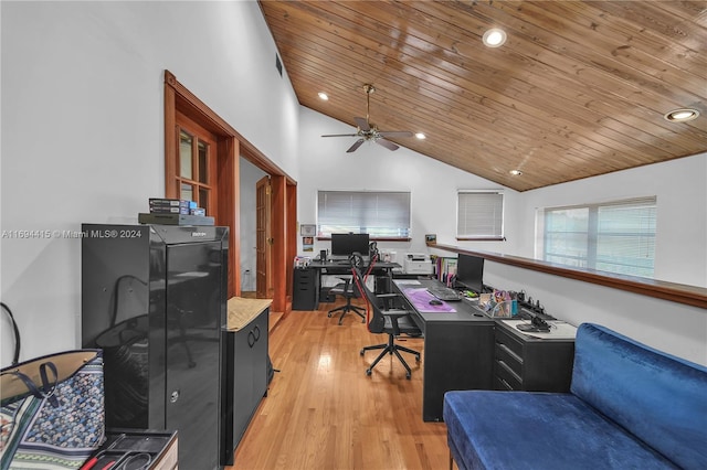 office area featuring ceiling fan, light hardwood / wood-style flooring, wooden ceiling, and lofted ceiling