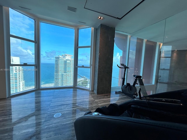 gym with a water view, a wealth of natural light, and expansive windows