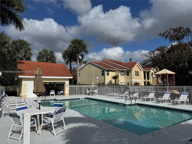 view of swimming pool featuring a patio area