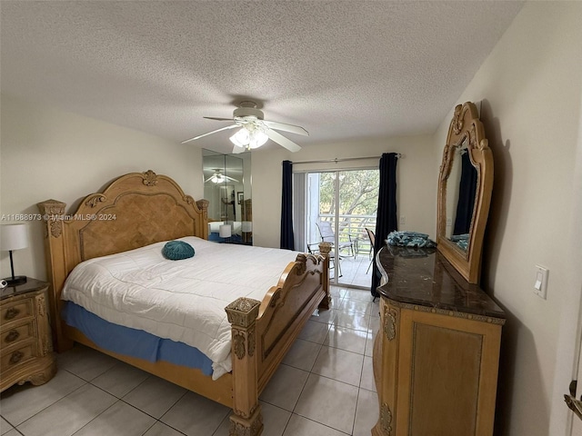 bedroom with a textured ceiling, access to outside, ceiling fan, and light tile patterned flooring