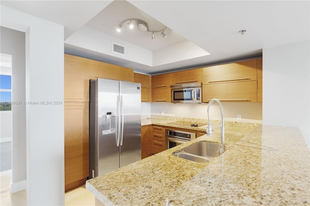 kitchen featuring kitchen peninsula, appliances with stainless steel finishes, track lighting, a tray ceiling, and sink