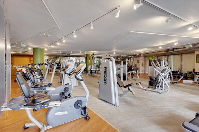 gym with track lighting and light hardwood / wood-style flooring