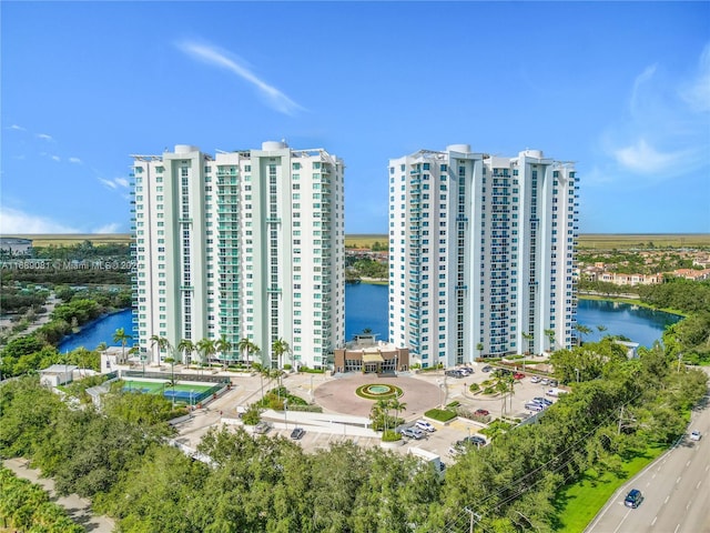 aerial view featuring a water view