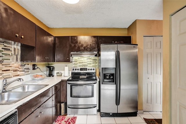 kitchen with backsplash, dark brown cabinets, sink, and appliances with stainless steel finishes