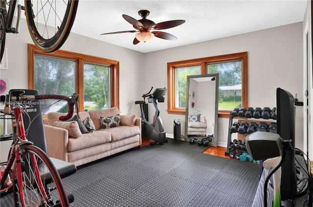 workout area featuring hardwood / wood-style floors, ceiling fan, and a textured ceiling