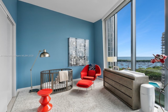 bedroom with a water view and a crib