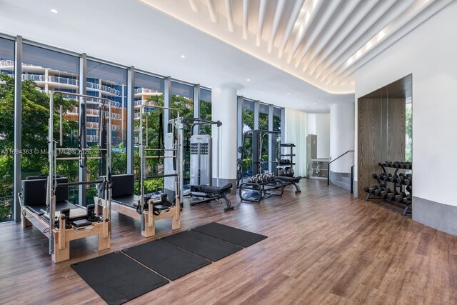 workout area featuring a wall of windows and wood-type flooring