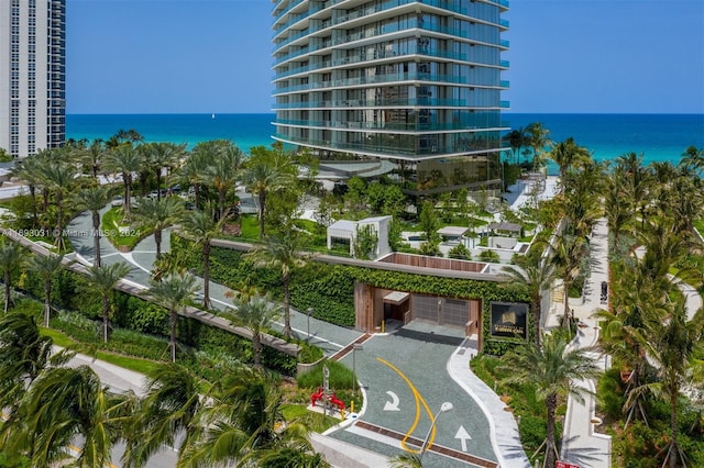 view of building exterior with a water view