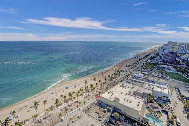 aerial view with a water view and a view of the beach