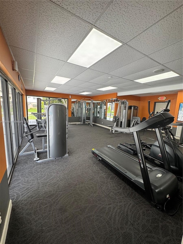 gym with a paneled ceiling, dark carpet, and a healthy amount of sunlight