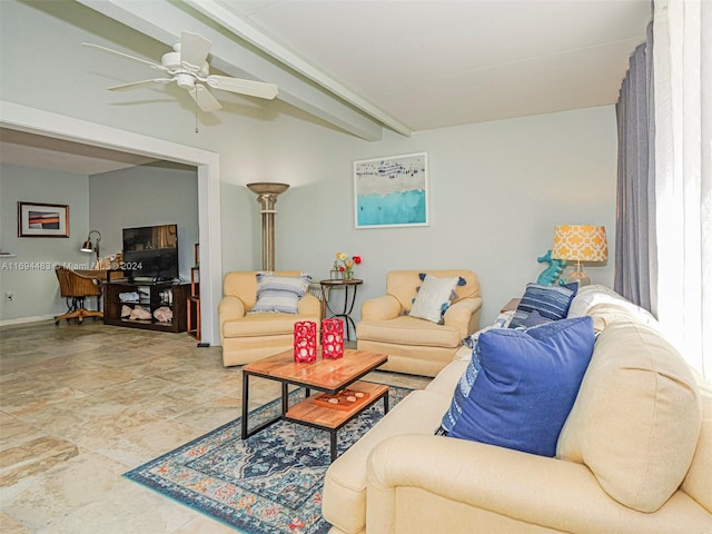 living room with beam ceiling and ceiling fan