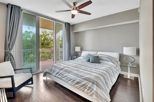 bedroom featuring access to outside, ceiling fan, wood-type flooring, and a textured ceiling