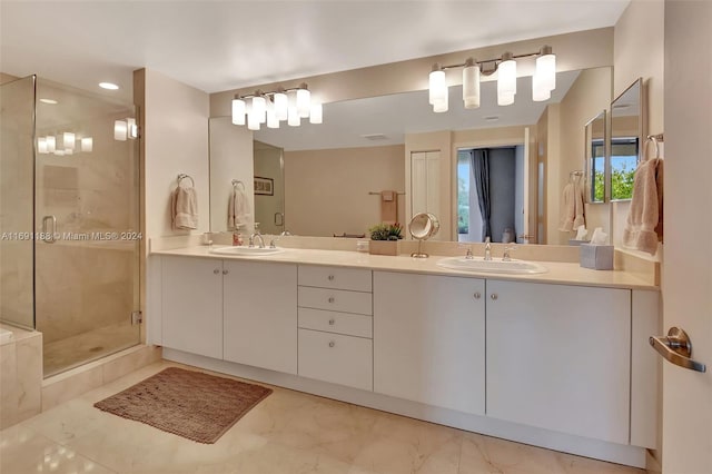 450 N Federal Hwy Unit 104N, Boynton Beach, FL 33435 - bathroom with double vanity, a stall shower, marble finish floors, and recessed lighting