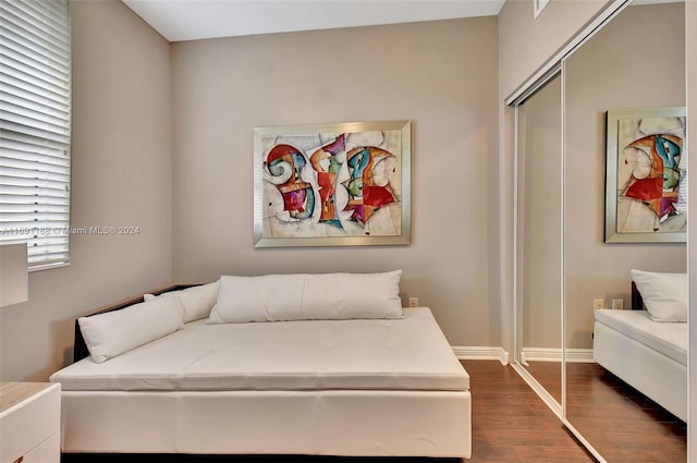 bedroom featuring dark hardwood / wood-style floors and a closet