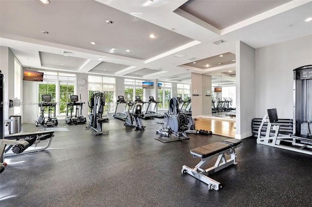 450 N Federal Hwy Unit 104N, Boynton Beach, FL 33435 - exercise room featuring baseboards, recessed lighting, and coffered ceiling