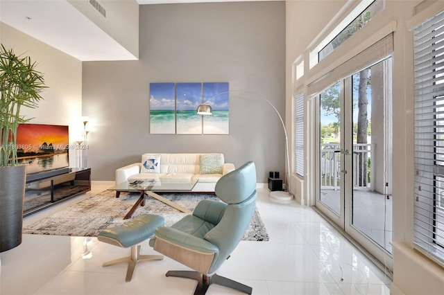 living room with a high ceiling