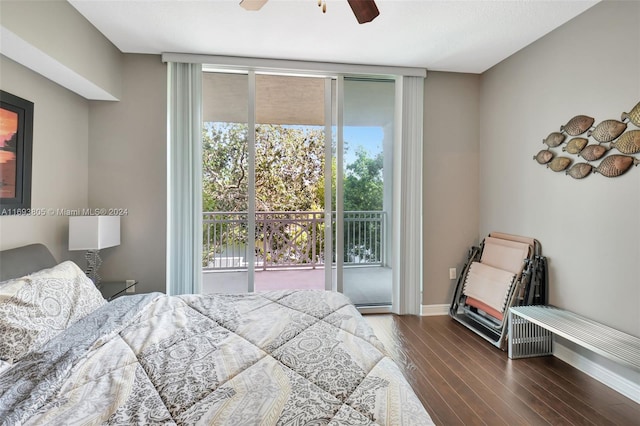 bedroom with ceiling fan, dark hardwood / wood-style floors, and access to outside