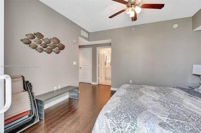 bedroom with dark hardwood / wood-style floors, ceiling fan, and ensuite bathroom