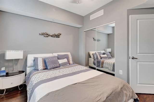 bedroom featuring dark hardwood / wood-style floors and a closet