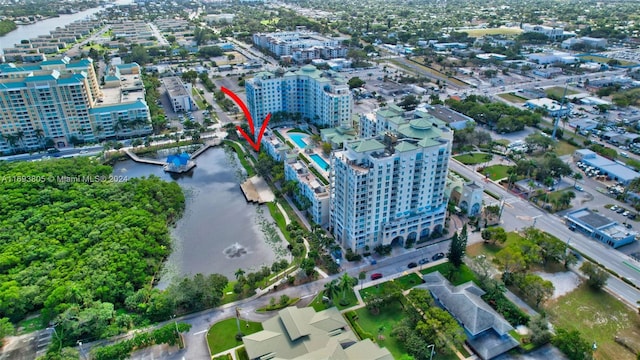 drone / aerial view featuring a water view