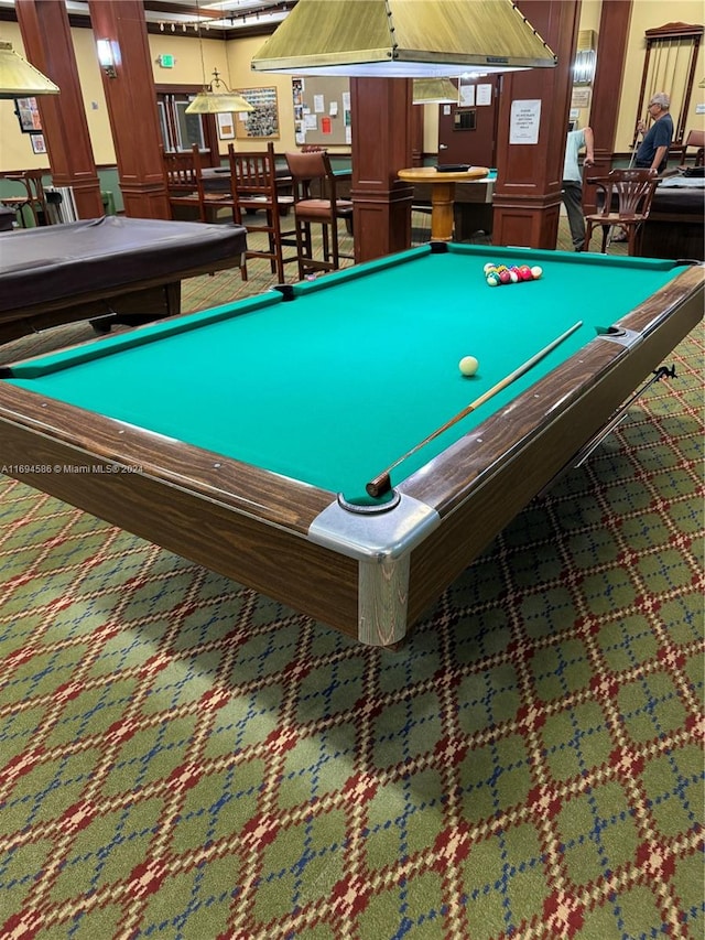 rec room with carpet flooring and pool table