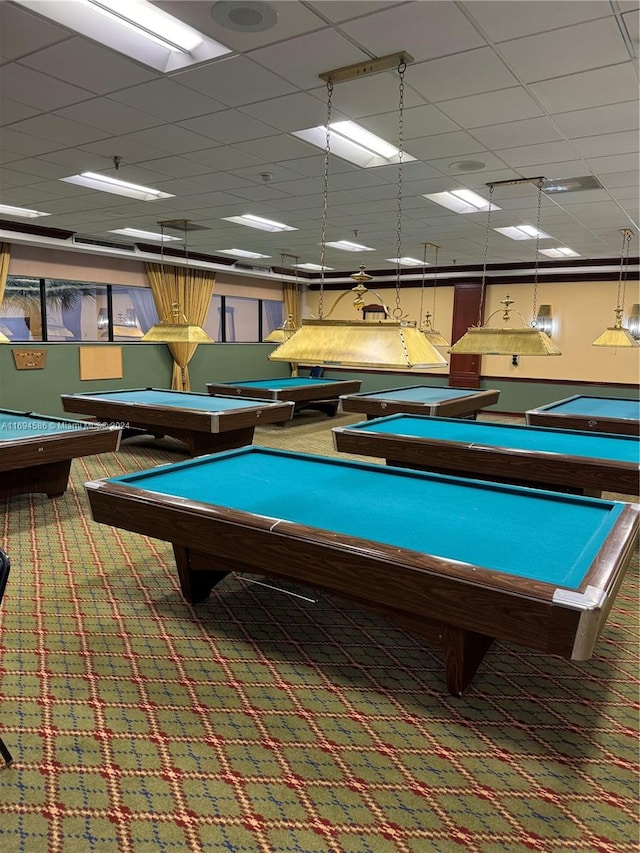 rec room featuring carpet flooring, a drop ceiling, and pool table