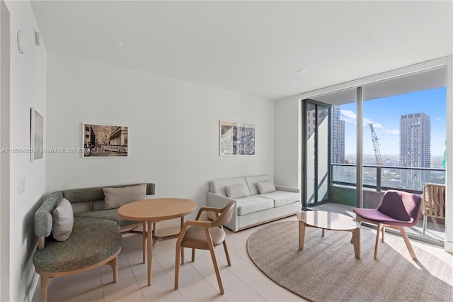 tiled living room with expansive windows