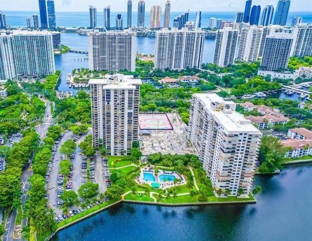 drone / aerial view featuring a water view