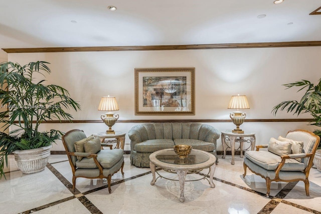 living room with ornamental molding