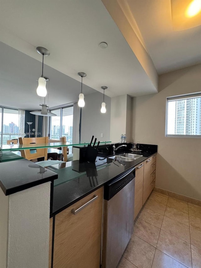 kitchen with pendant lighting, stainless steel dishwasher, plenty of natural light, and sink