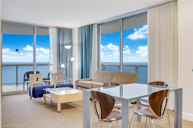 living room featuring a water view, a wall of windows, and carpet floors