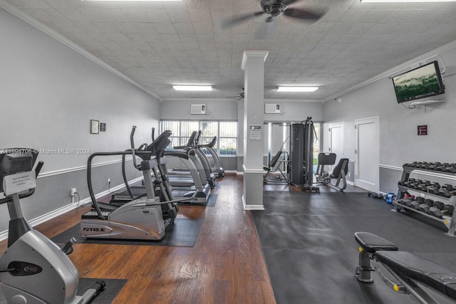 gym with dark hardwood / wood-style floors, ceiling fan, and ornamental molding