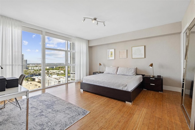 bedroom with light hardwood / wood-style flooring and expansive windows